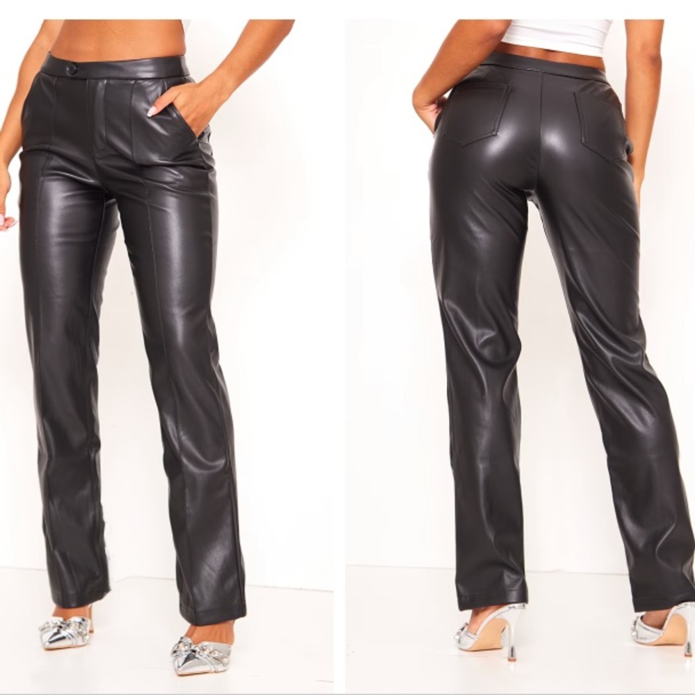 Black Faux Leather Pintuck Detail Straight Leg Pants Women Size 8